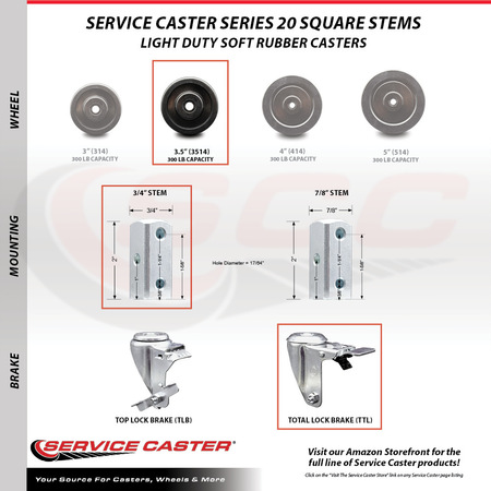Service Caster 3.5 Inch Soft Rubber Swivel 3/4 Inch Square Stem Caster Set Total Lock Brake SCC SCC-SQTTL20S3514-SRS-34-4
